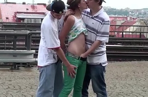 18 domain age-old hot blond public lovemaking threesome fro 2 young guys elbow a passenger ignoble