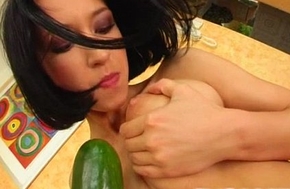 Roughly Me Leftist Big boobed babe shoves fruit and veggies up their way hole
